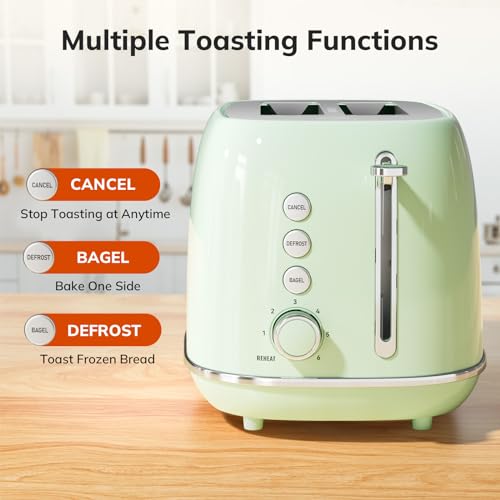 2 Slice Toaster Retro Stainless Steel Toaster with Bagel, Cancel, Defrost Function and 6 Bread Shade Settings Bread Toaster, Extra Wide Slot and Removable Crumb Tray