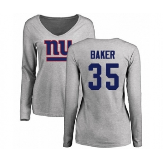 Football Women's New York Giants #35 Deandre Baker Ash Name & Number Logo Long Sleeve T-Shirt