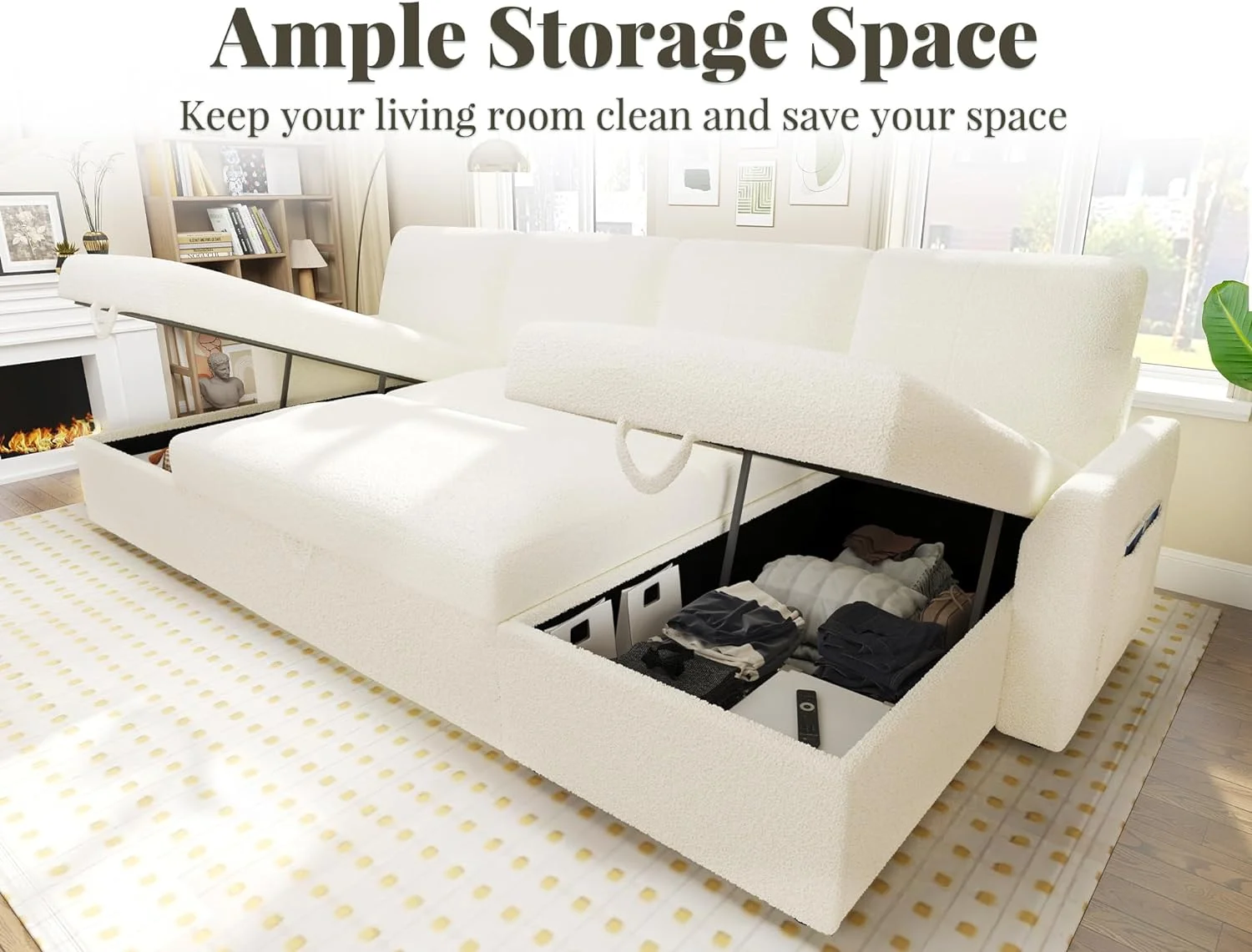 AMERLIFE Sleeper Sofa, 110 inch Overisze - 2 in 1 Pull Out Bed, Sectional Sleeper Sofa with Double Storage Chaise for Living Room, White Boucle Couch - Curated Treasures Market