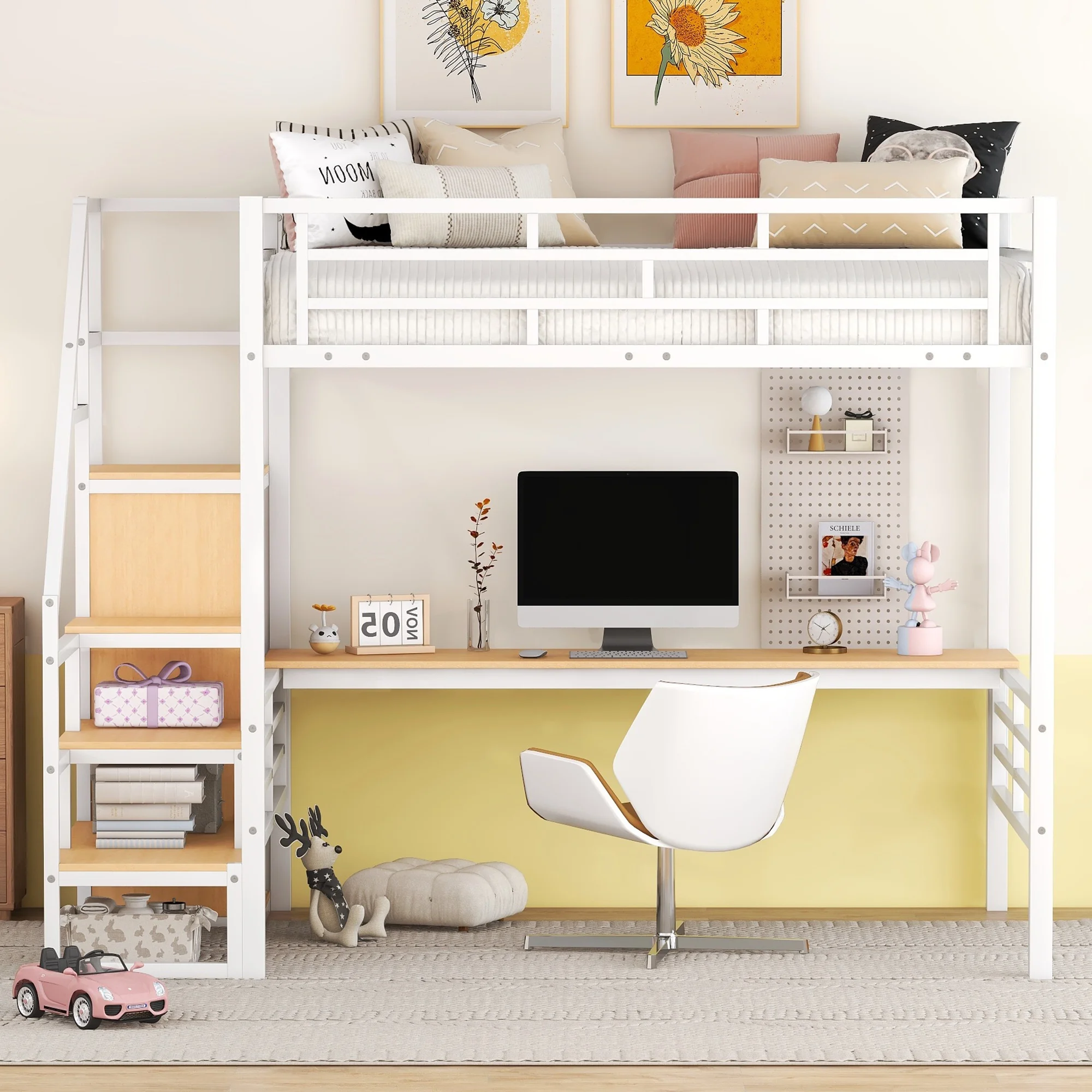 Bellemave Full Size Loft Bed with Desk, Metal Loft Beds with Stair and Built-in Wardrobe, Heavy-Duty High Loft Bed for Kids Teens Adults (White) - Curated Treasures Market