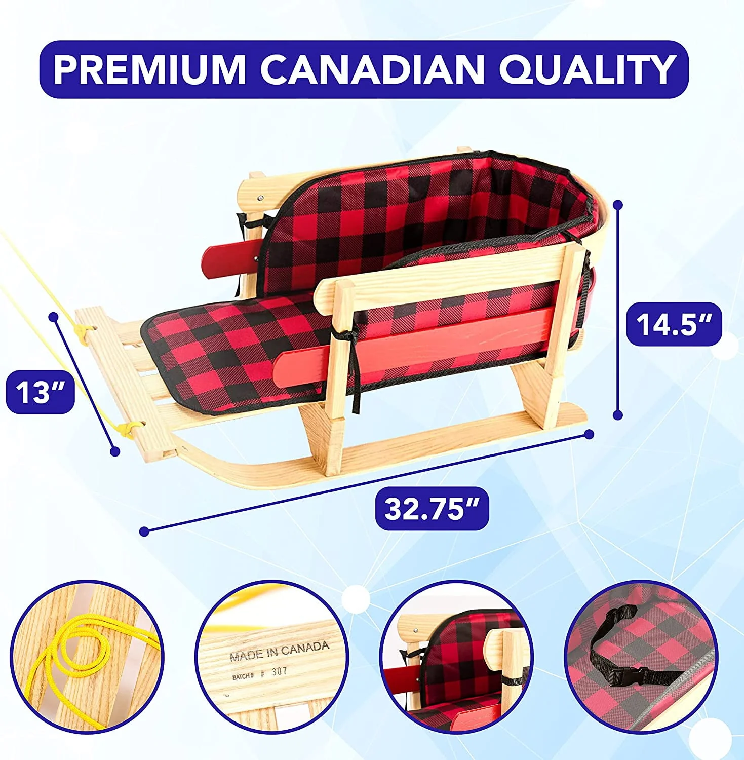 Snow Sleds for Kids – Wood Snow Sled with Cushion Seat and Pulling Rope – Snow Sled Premium Canadian Quality from Ash Hardwood – Sleigh Toboggan