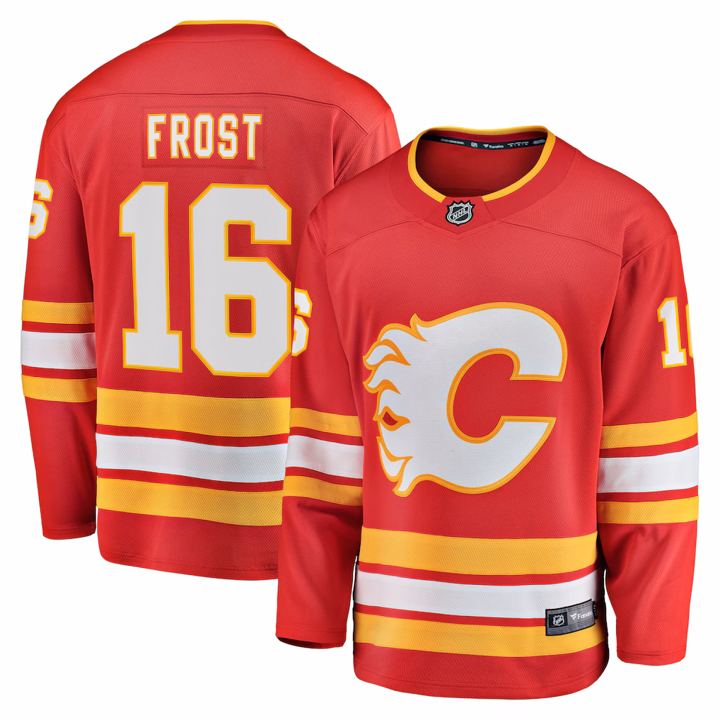 Men's Calgary Flames Morgan Frost Fanatics Red Home Breakaway Jersey