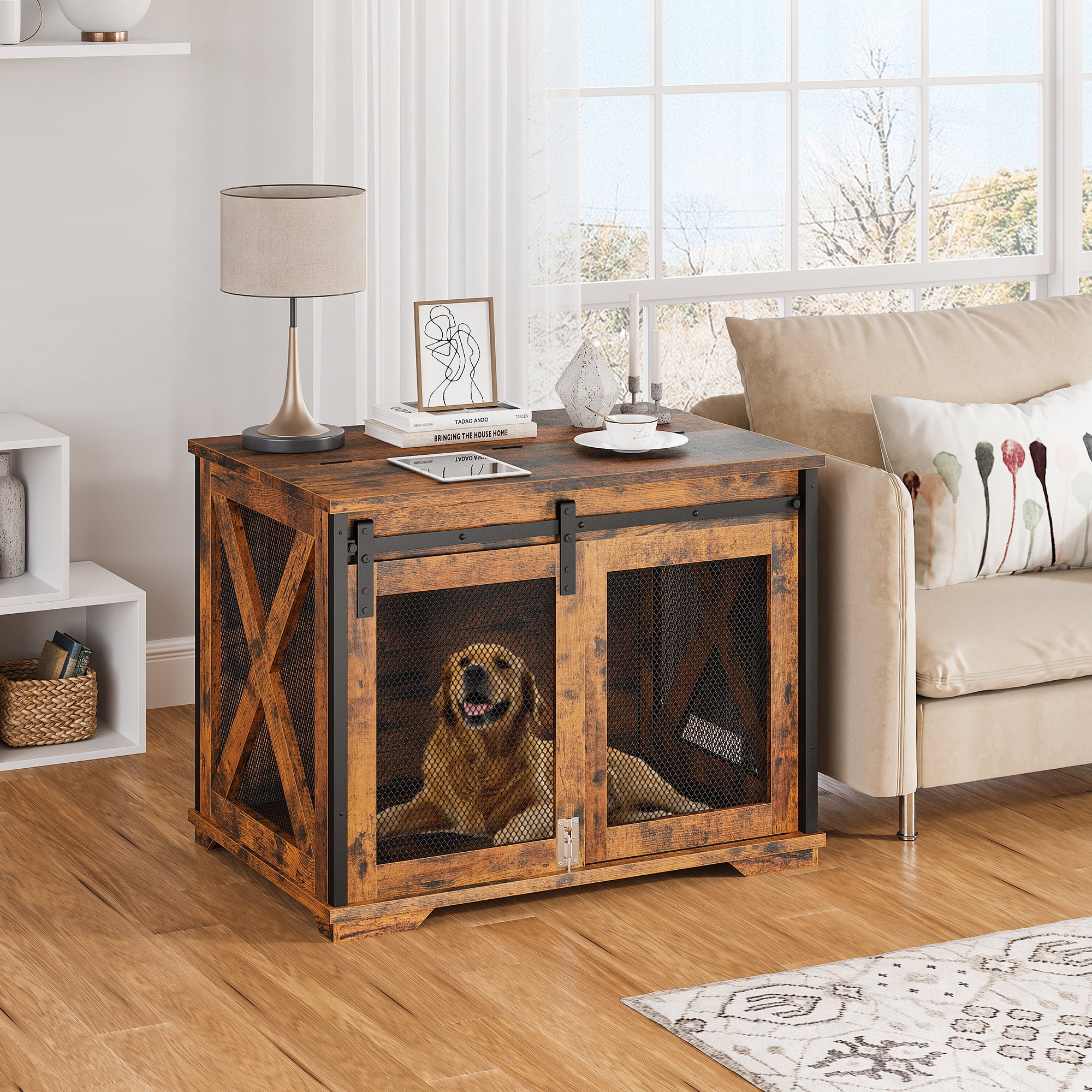 37'' Dog Crate Furniture Side End Table with Flip Top and Movable Divider, Wooden Dog Crate Table Large, Style Dog Kennel Side End Table - Curated Treasures Market