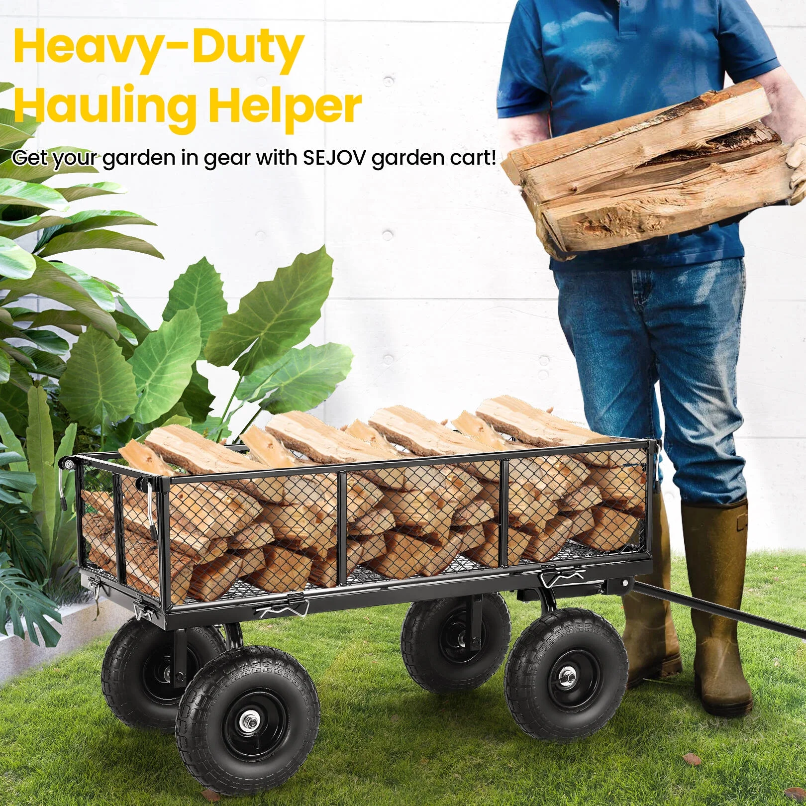 SEJOV Steel Garden Cart, Heavy Duty 660 LBS Capacity, with Removable Mesh Sides to Convert into Flatbed, Utility Metal Wagon with 180° Rotating Handle and 10