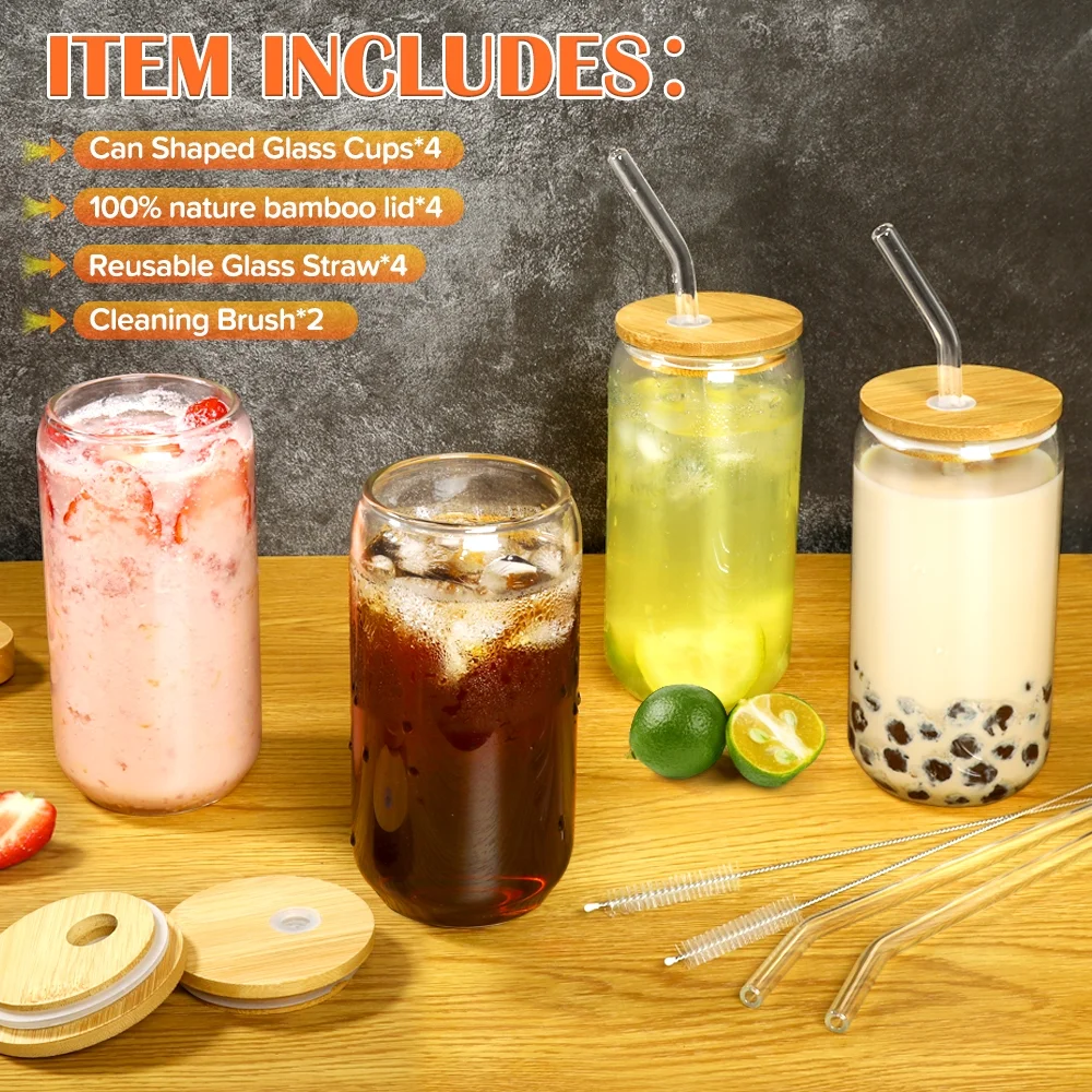Drinking Glasses with Bamboo Lids and Glass Straw 4 Sets - 16oz Can Shaped Glass Cups, Beer Glasses, Iced Coffee Glasses, Cute Tumbler Cup, Ideal for Cocktail, Whiskey, Gift - 2 Cleaning Brushes - Curated Treasures Market