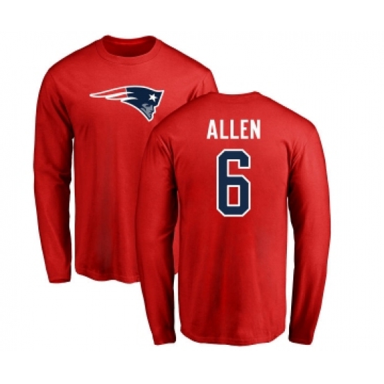 Football New England Patriots #6 Ryan Allen Red Name & Number Logo Long Sleeve T-Shirt