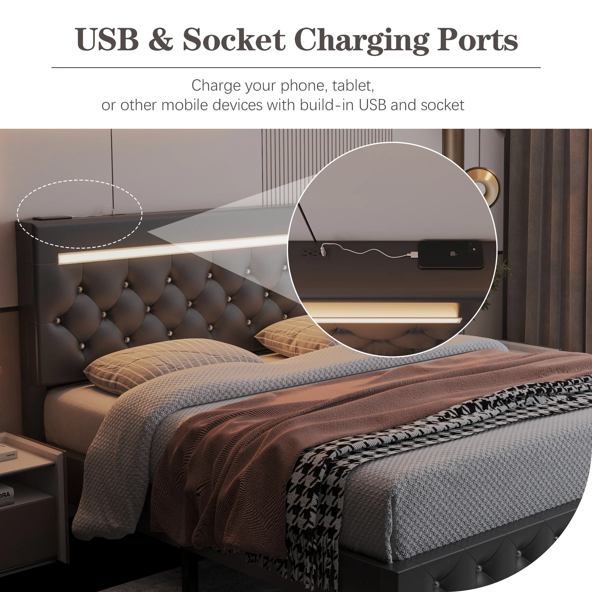 Kallabe Bed Frame Queen Size with Headboard, LED Leather Bed Frame Full, Upholstered Platform Bed with USB Ports & Socket, APP Control, No Box Spring Needed,Beige