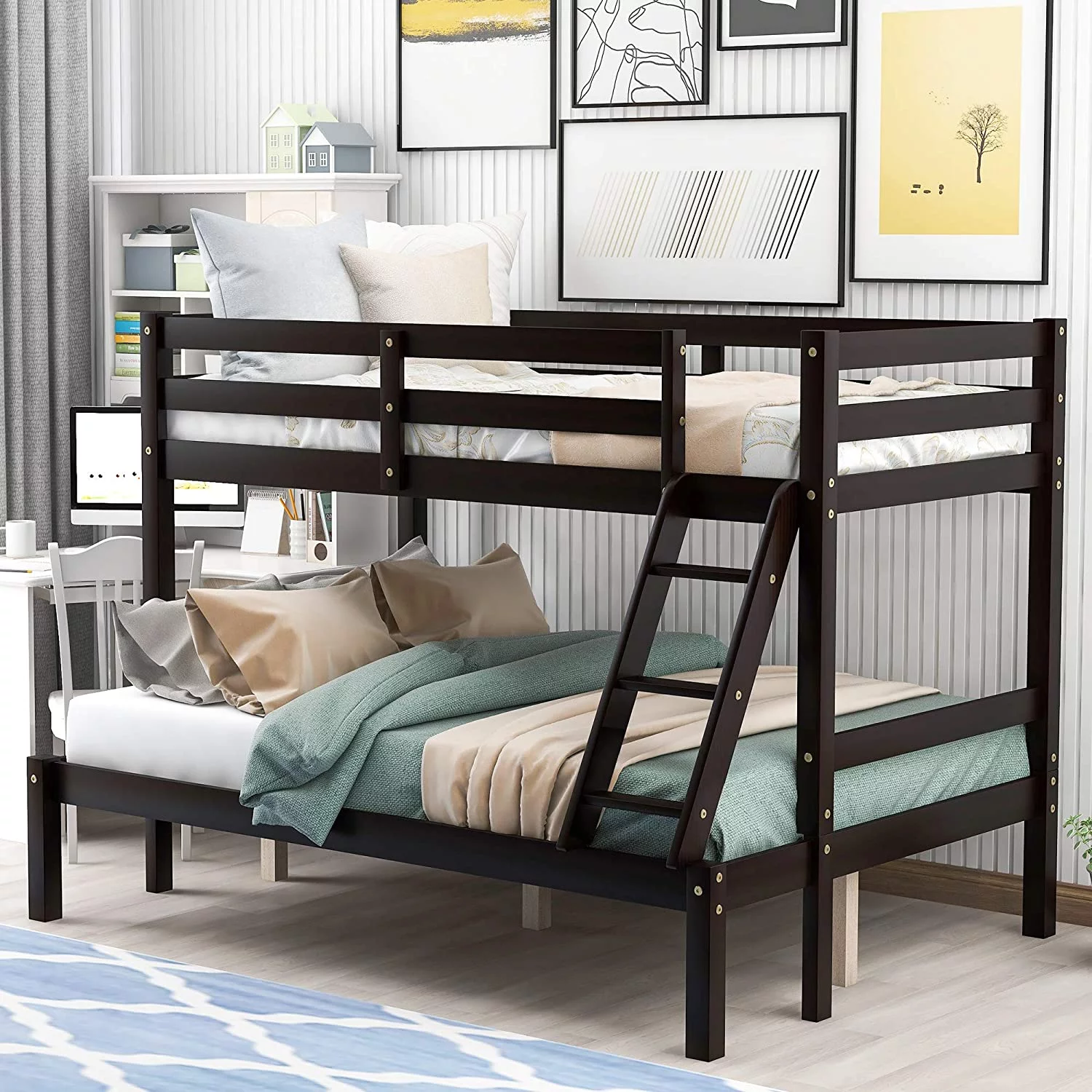 Churanty Twin Over Full Bunk Bed. Solid Wood Bunk Loft Bed Frame. Gray