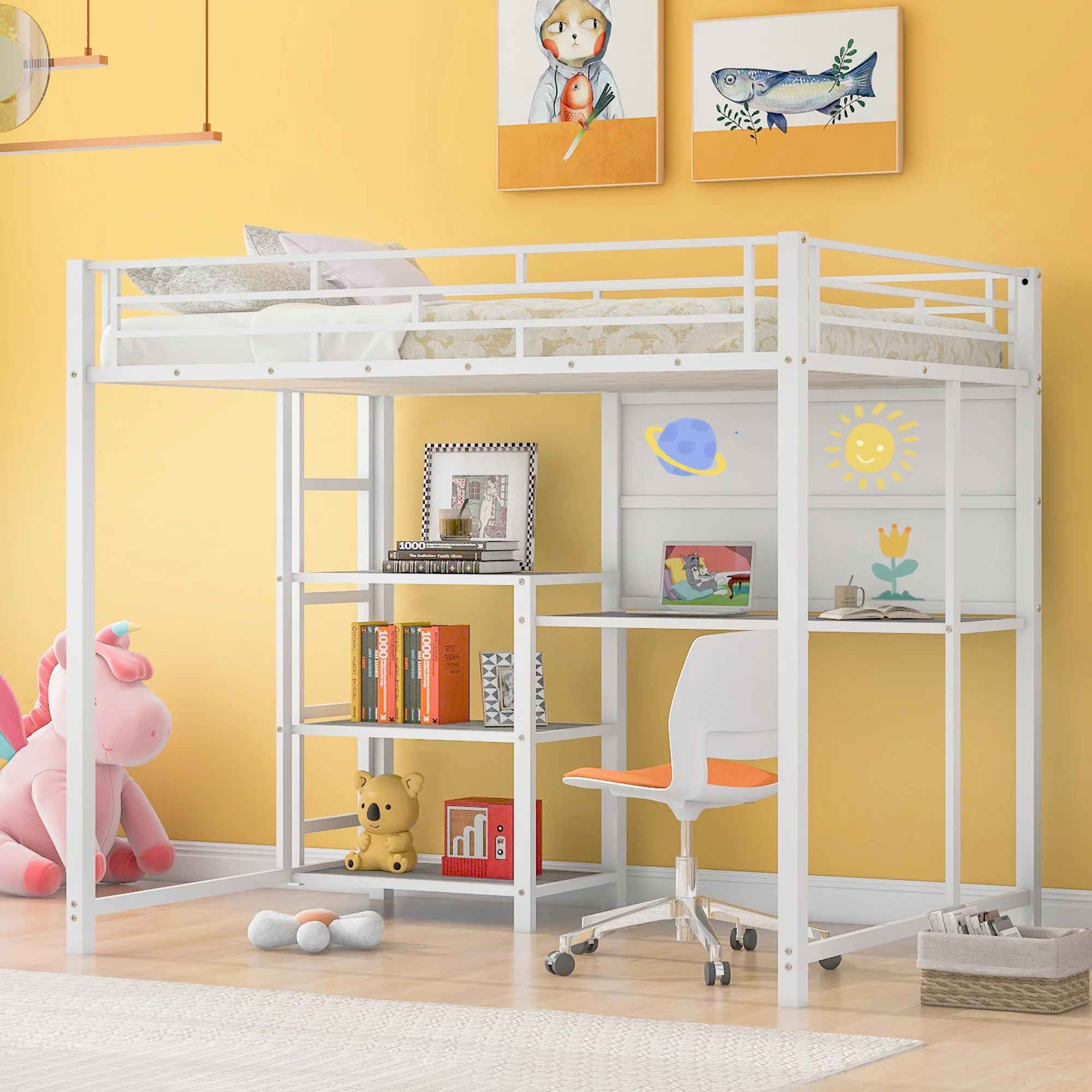 Sesslife Loft Bed for Kids, Full Size Loft Bed Frame with Desk and Whiteboard, Modern Metal Loft Bed with 3 Shelves and Ladder, White - Curated Treasures Market