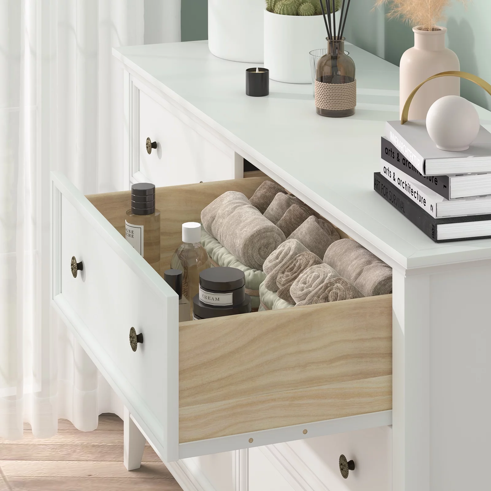 IKENO 6 Drawers White Dresser, Modern Solid Wood Chest of Drawers, White Dresser for Bedroom Room