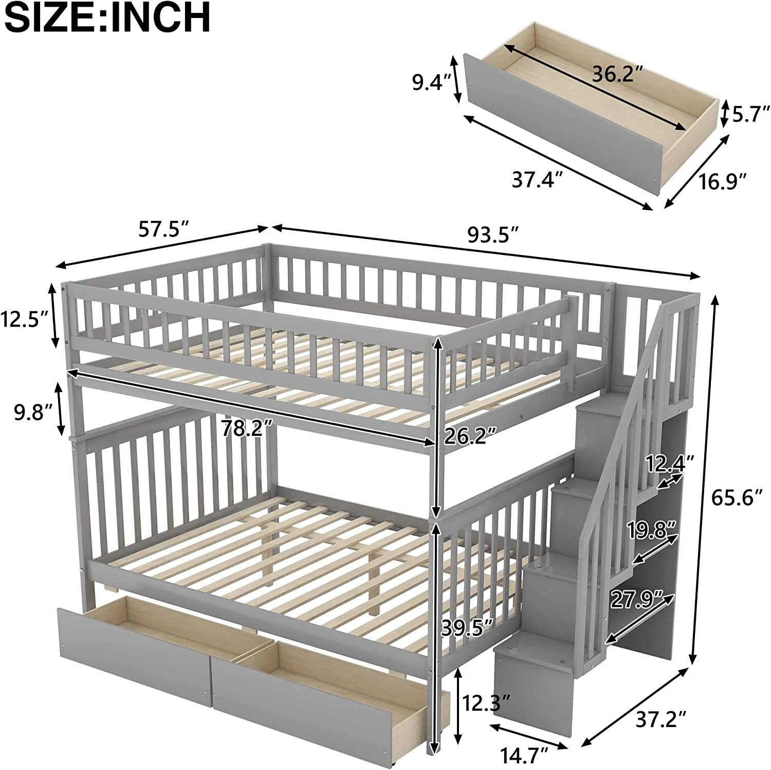 Full Over Full Bunk Bed With Stairs. Solid Wood Bunk Bed With Storage Drawers For Kids Teens Adults - Gray