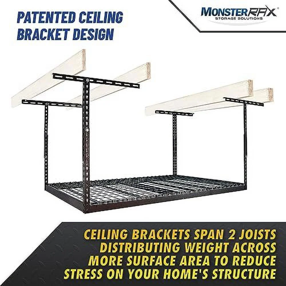 NTTBOBOEC MonsterRax Overhead Garage  Racks 4x6 (2-Pack) Ceiling Mounted Shelving  Adjustable Hanging  Organizer  Heavy Duty Steel  Holds 500 Pounds  Color  Hammertone  Adjusts 24"-45 - Curated Treasures Market