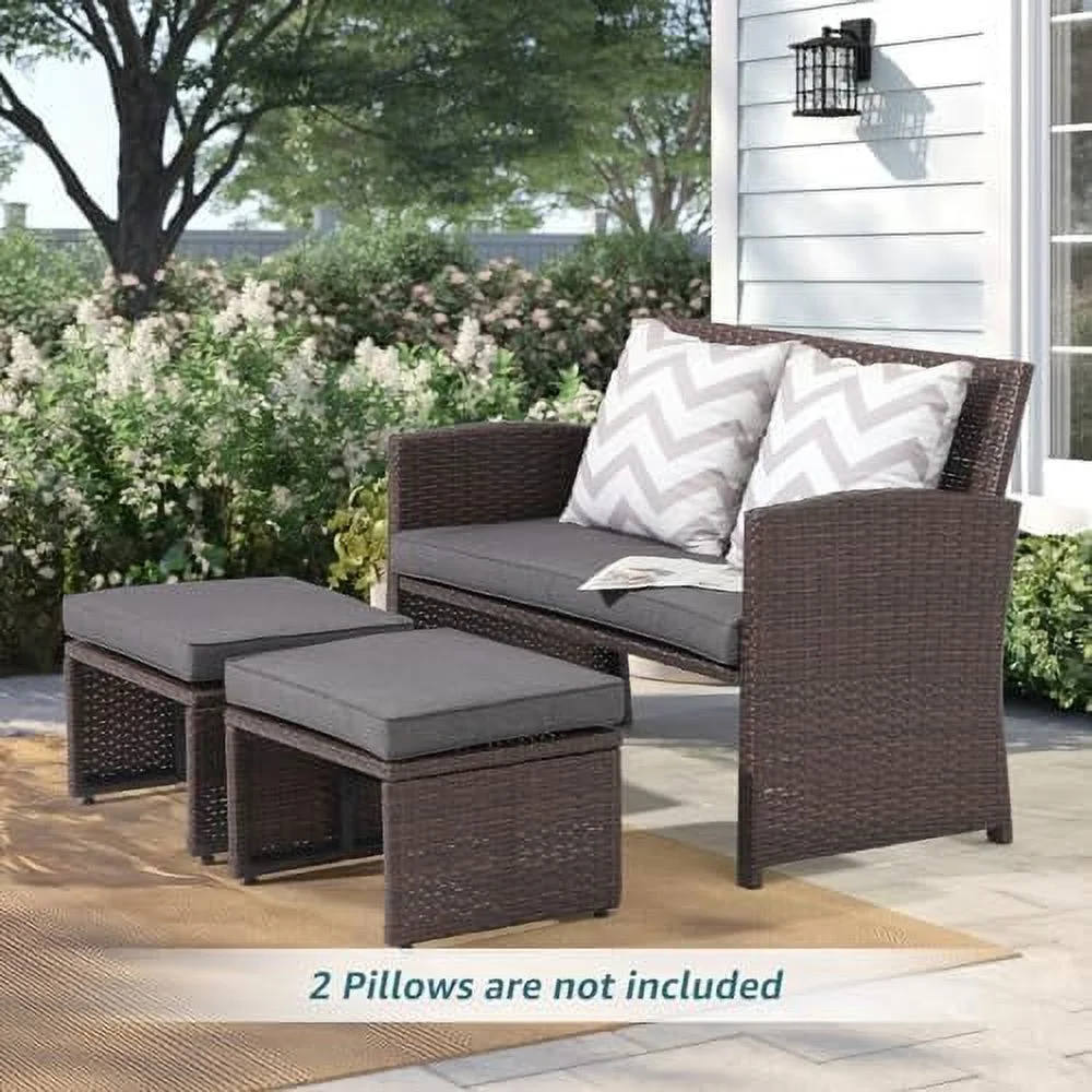 ZWNLKQG Outdoor Loveseat 3 Piece Patio  Set Outdoor Conversation Set All-Weather Wicker Love Seat with Ottoman/  Brown Rattan  Blue - Curated Treasures Market