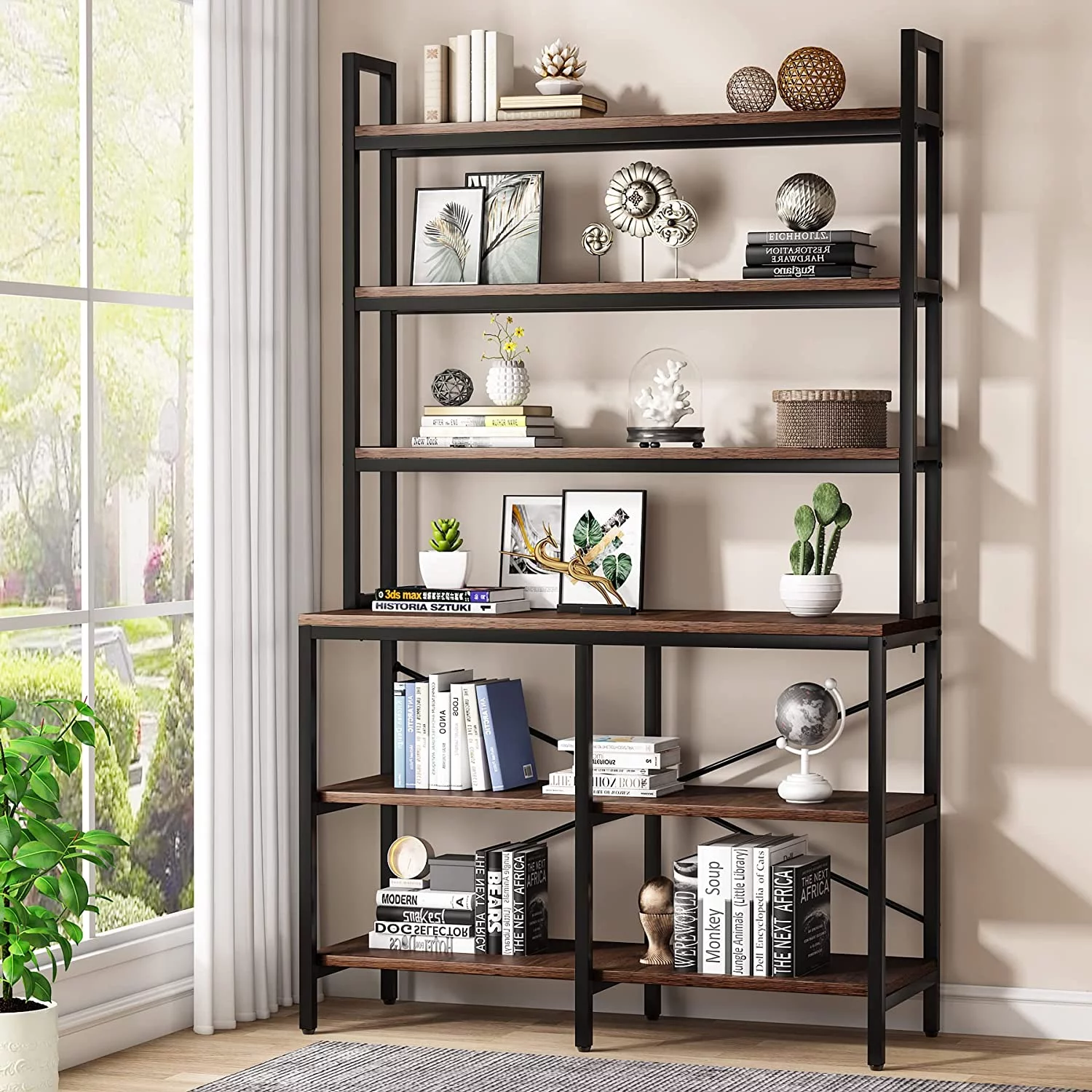 Tribesigns 6-Tier Bookshelf,Industrial Bookcase with Open Shelf,6 Shelf Storage Rack with X-Shaped Frame - Curated Treasures Market
