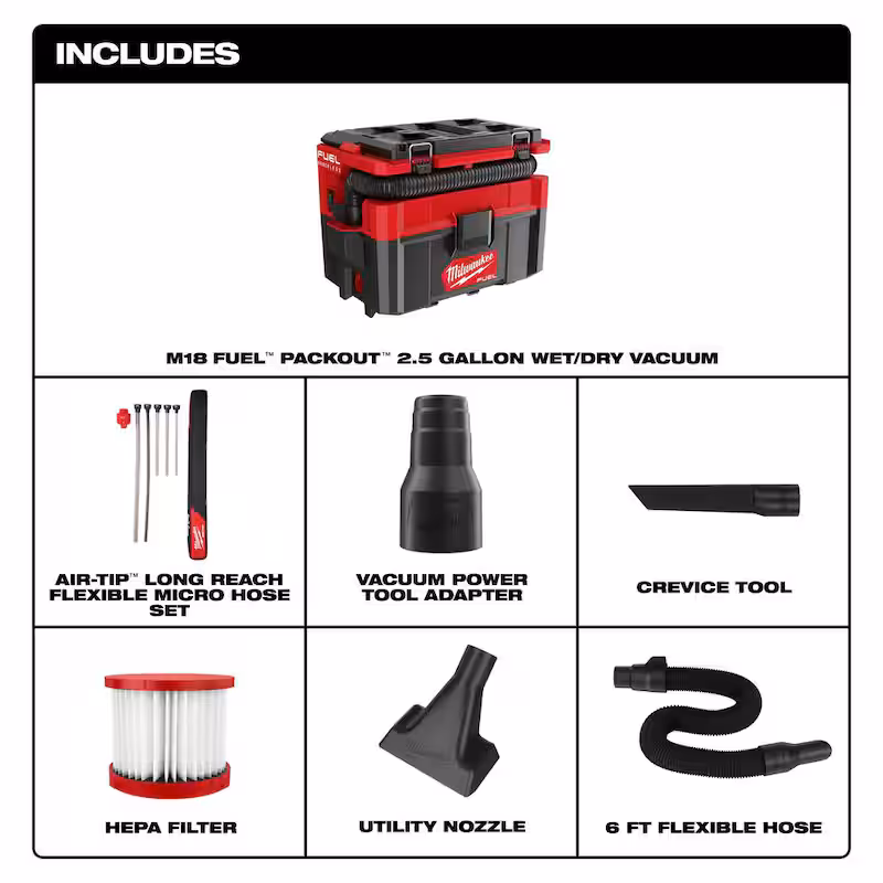 M18 FUEL PACKOUT Cordless 2.5 Gal Wet/Dry Vacuum w/AIR-TIP 1-1/4 in. - 2-1/2 in. (7-Piece) Long Reach Flexible Hose Set
