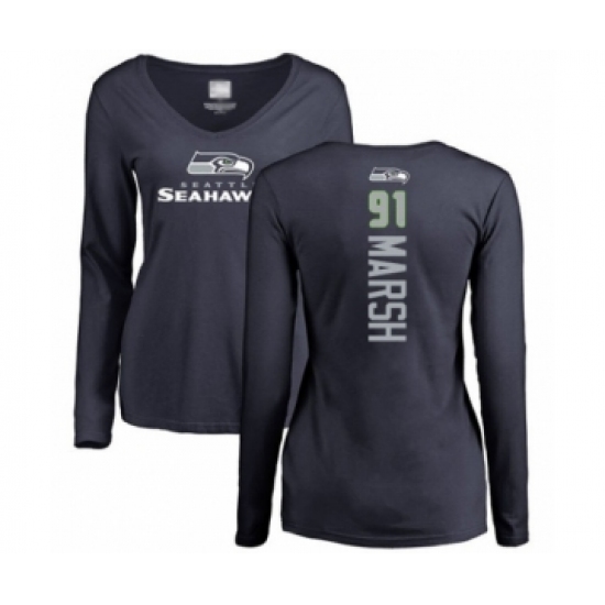 Football Women's Seattle Seahawks #91 Cassius Marsh Navy Blue Backer Long Sleeve T-Shirt