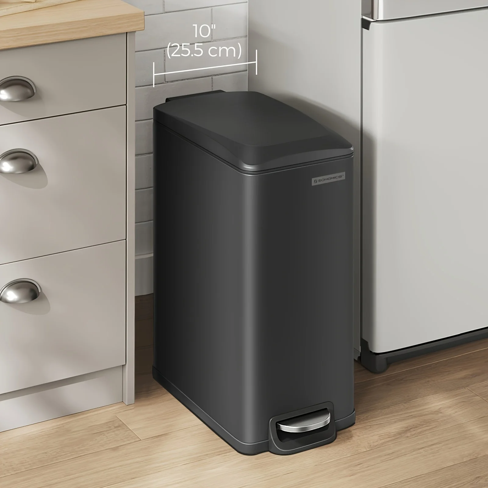 Slim Trash Can, 12.7 Gallon Garbage Can for Narrow Spaces with Soft-Close Lid, Inner Bucket, and Step-on Pedal, Stainless Steel, 15 Trash Bags Included - Curated Treasures Market