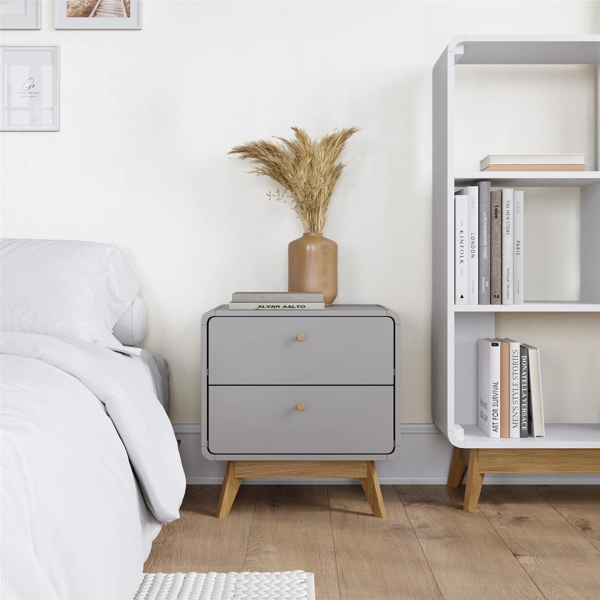 Ren Home Leva Scandinavian 2 Drawer Nightstand, Gray - Curated Treasures Market