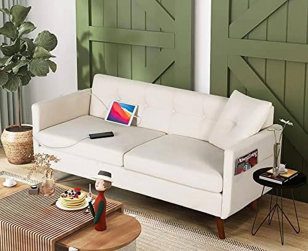 HYHBIBOOM Mid-Century Modern Button Tufted Upholstered Sofa Couch w/ 2 USB Charging Ports  Fabric Love Seats for Small Space  Living Room  Apartment  Bedroom  Office  Dorm  65" (Cream - Curated Treasures Market