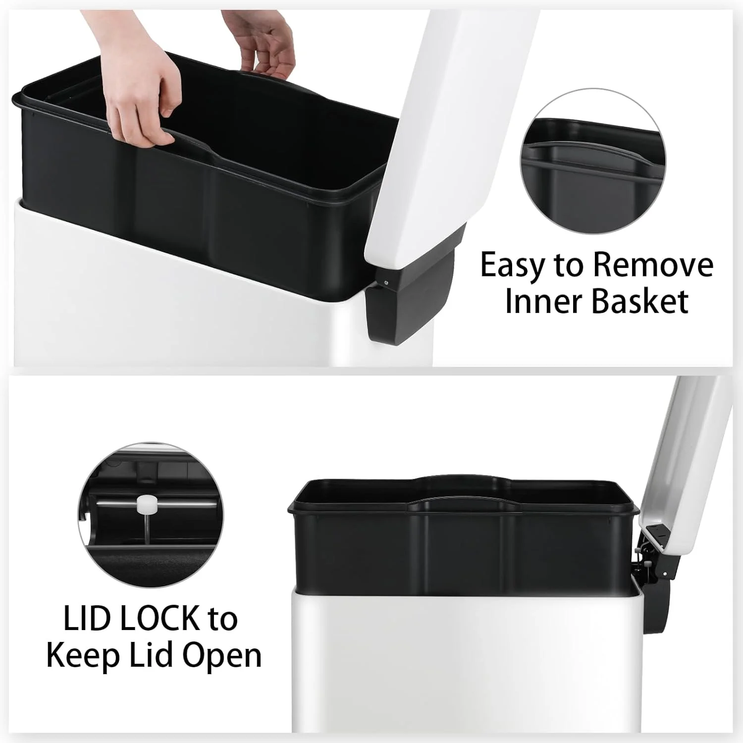 LAZY BUDDY Slim Trash Can, 13 Gallon Step Trash Bin with Lid 50 L Stainless Steel Garbage Can White Wastebin for Kitchen Bathroom - Curated Treasures Market