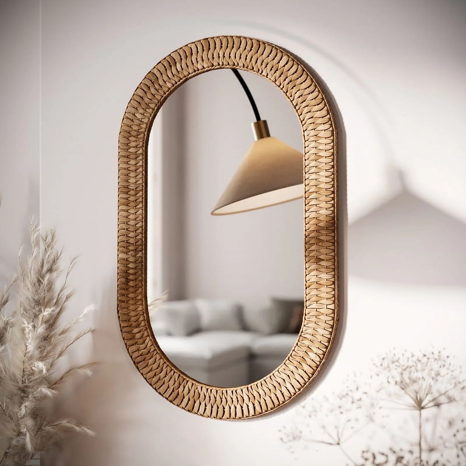 Oasis Grass Oval Rattan Woven Boho Wall Mirror - nonisabriya