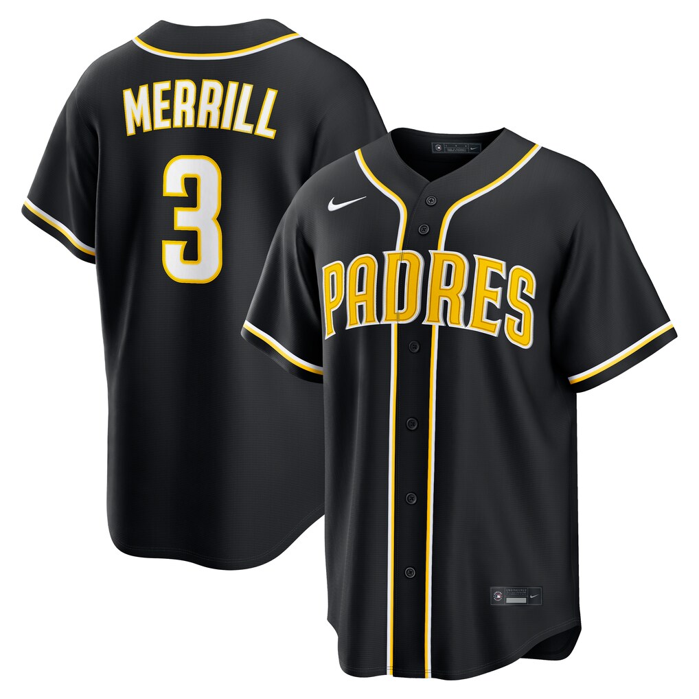 Men's San Diego Padres Jackson Merrill Nike Fashion Replica Black Out Jersey