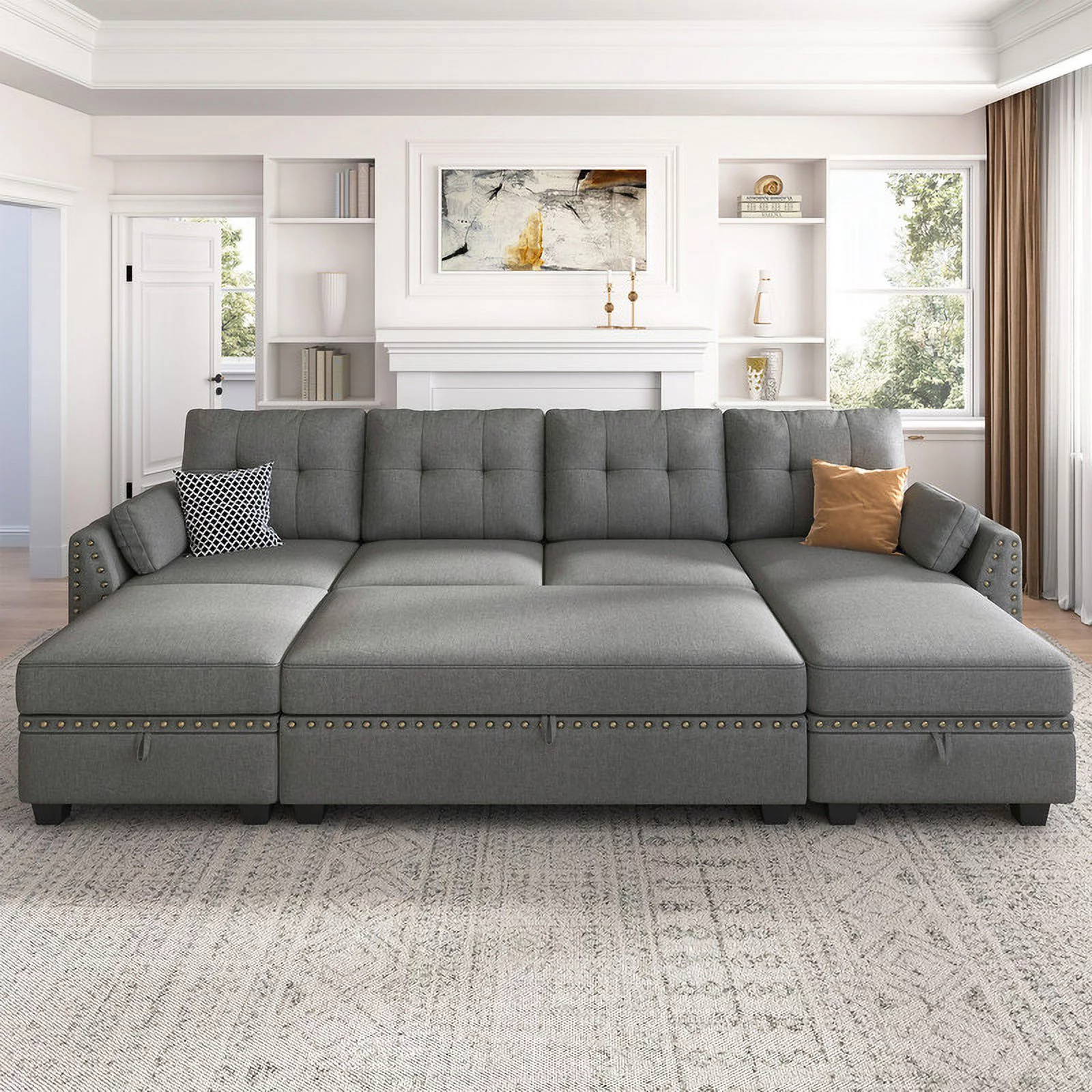 HONBAY Convertible Modern Reversible Sleeper Sectional Sofa Sets with Storage for Living Room and Apartment, Grey - Curated Treasures Market