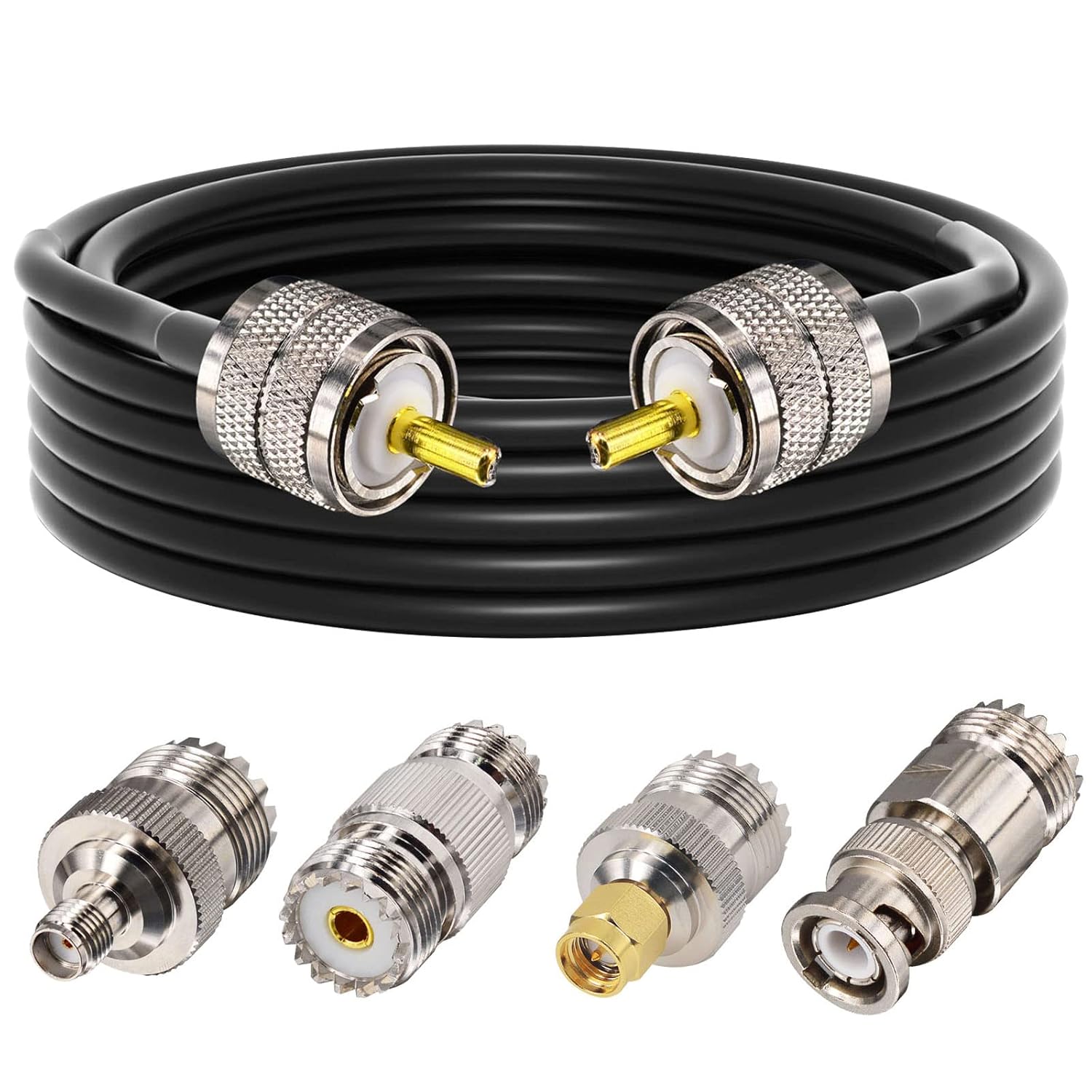 CB Coax Cable,RG58 Coaxial Cable 49.2ft,UHF PL259 Male to Male Cable + UHF SO239 Female to SMA/UHF/BNC Adapter 4-Pack for CB Radio Antenna,Ham Radio,SWR Meter,HF Radio,Amateur Radio