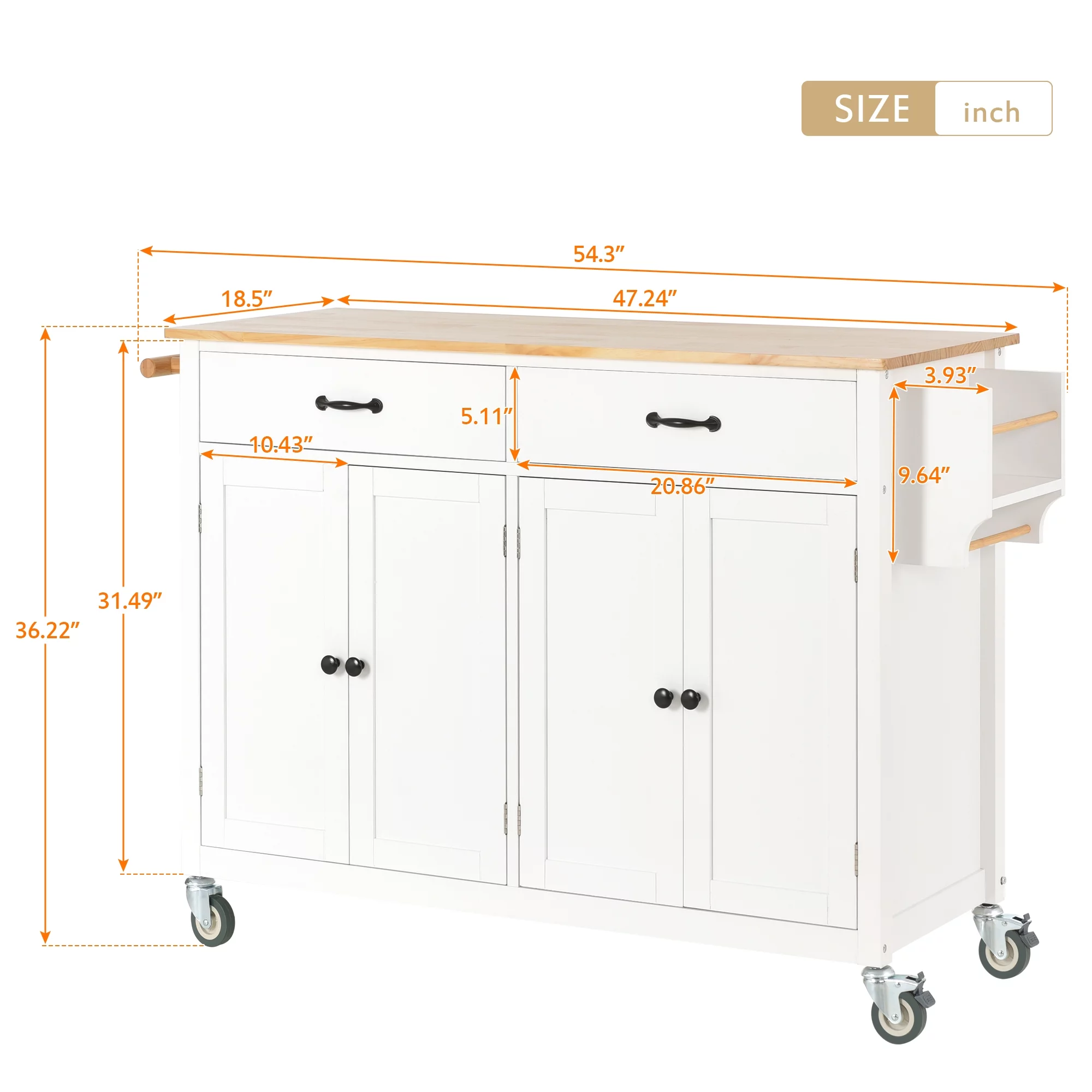 CHURANTY Rolling Kitchen Island Cart with Solid Wood Top and Locking Wheels, 4 Door, Storage Cabinet and Two DrawersSpice Towel Rack,White - Curated Treasures Market