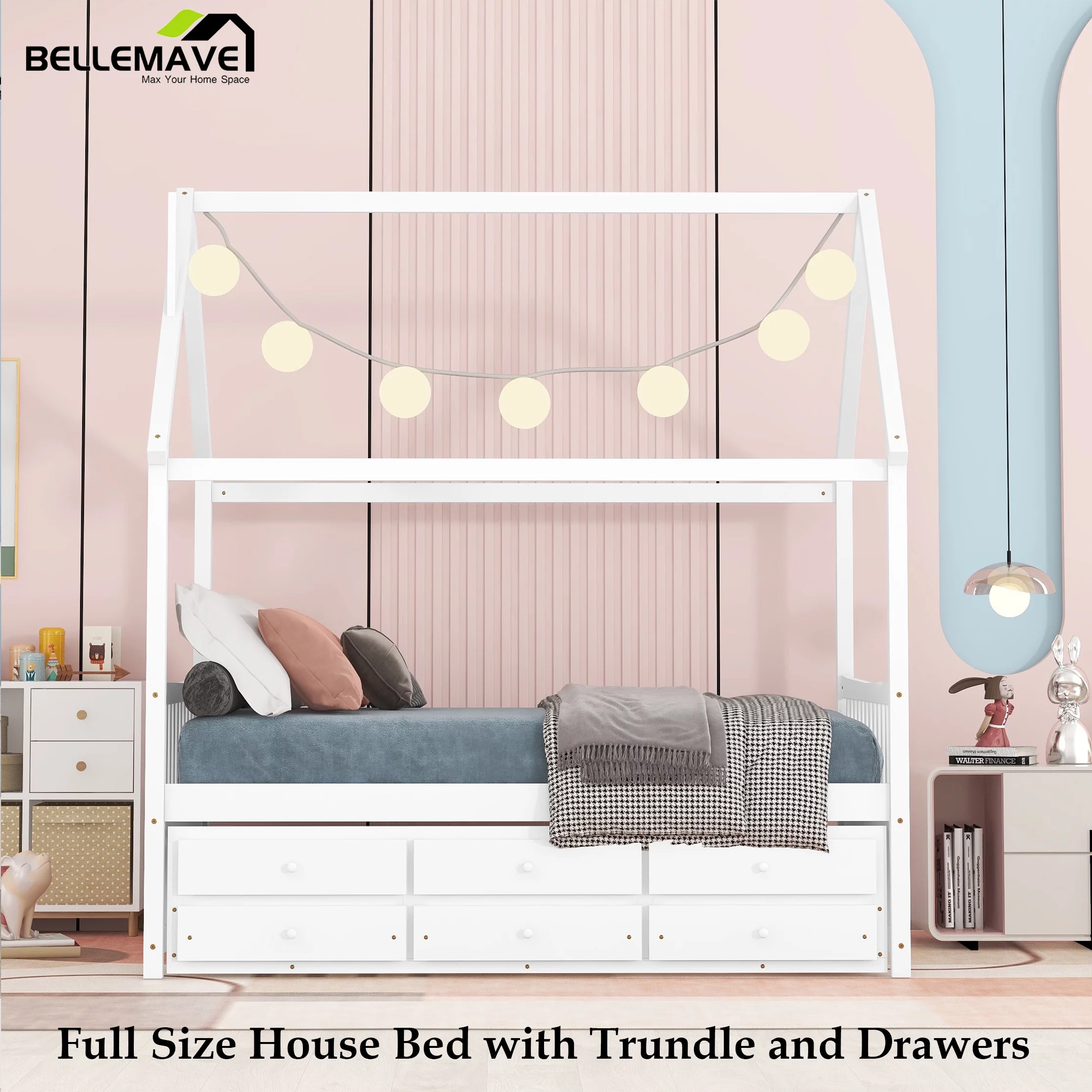 Bellemave Kids House Bed with Trundle and Drawers Full Size Platform Bed with Storage Playhouse Design Wooden Bed Frame With Roof and Headboard for Boys Girls Teens, White - Curated Treasures Market