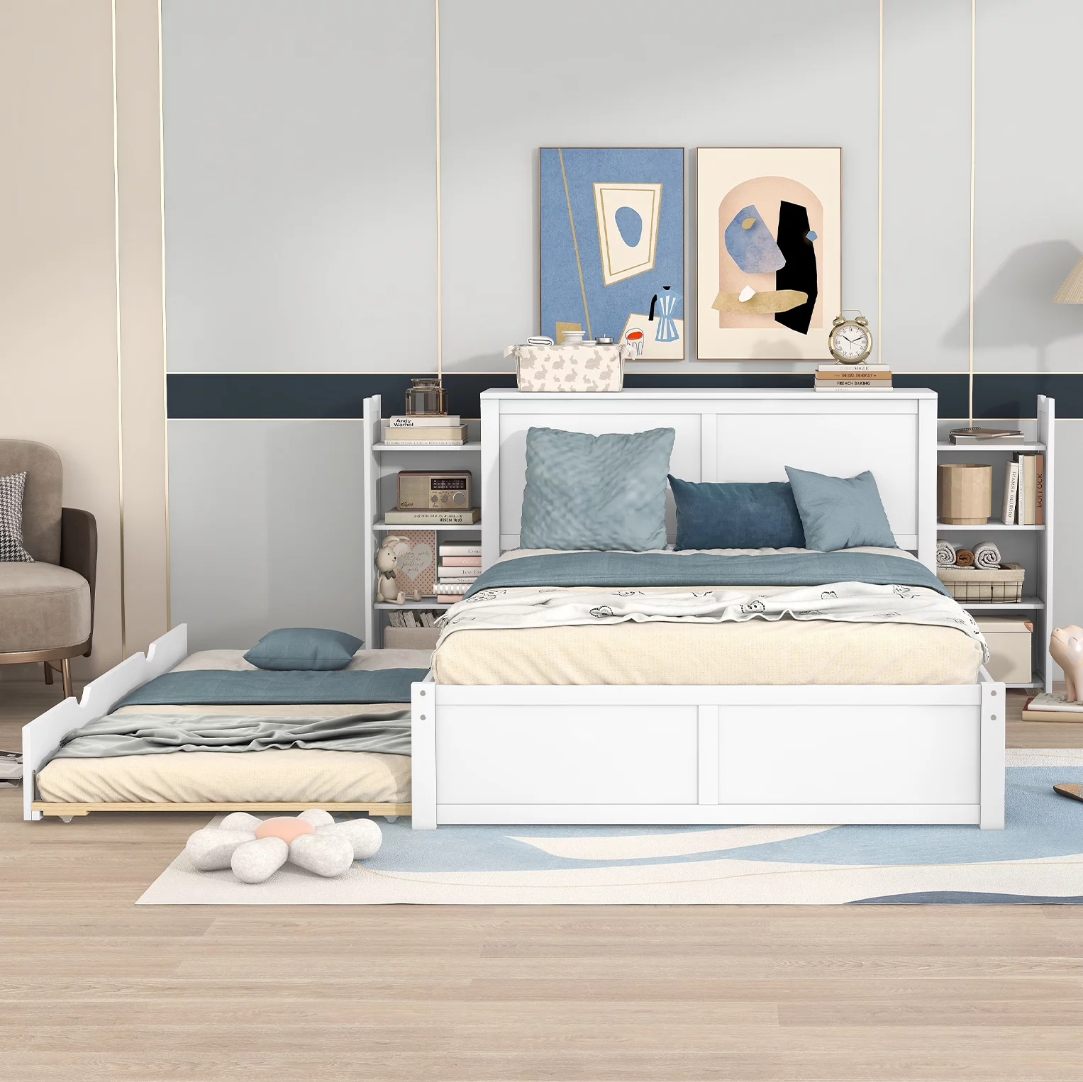 Euroco Full Size Wood Platform Bed with Trundle, Flexible 4-Tier Shelf in Headboard, Storage Cabinet for Bedroom, White