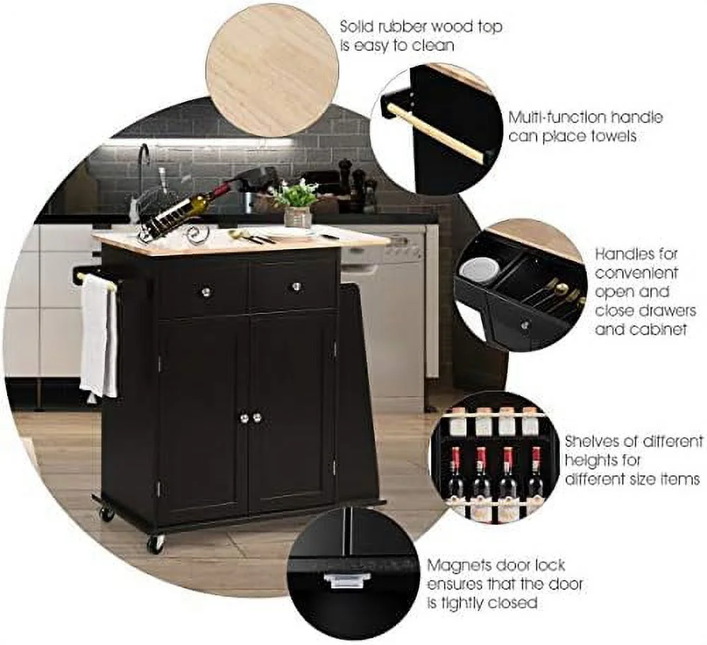 JDZHAPPYLIFE Kitchen Island Cart  Rolling Wood Trolley with  Cabinet  Towel Handle  2 Drawers  Side Spice Rack and Wine Bottle Rack  Kitchen Cart on Wheels  Rubber Wood Countertop (Black) - Curated Treasures Market
