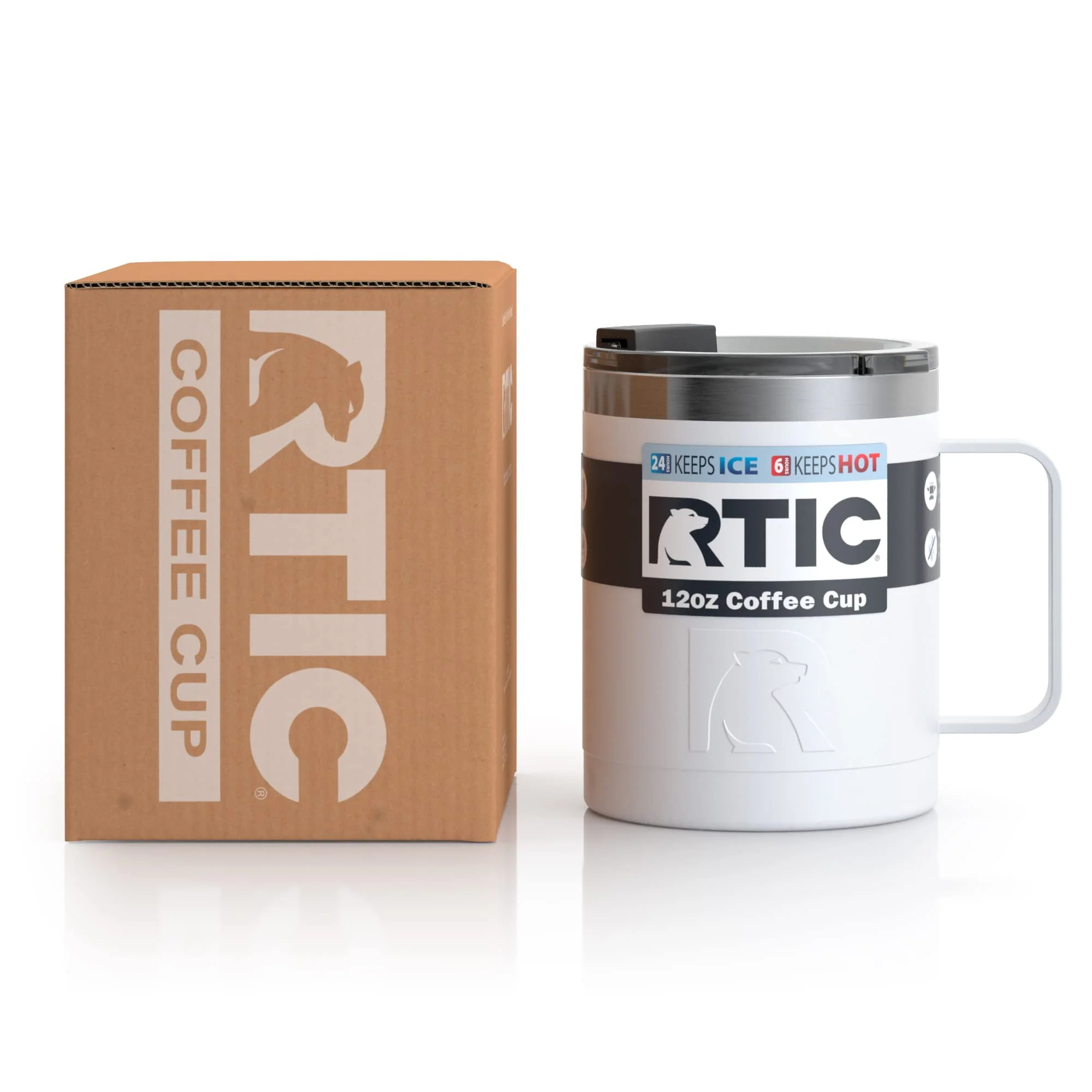 RTIC Coffee Mug with Handle, 12oz, White, Portable Travel Thermal Camping Cup, Vacuum-Insulated with Lid, Stainless Steel, Sweat Proof, Keeps Hot& Cold Longer