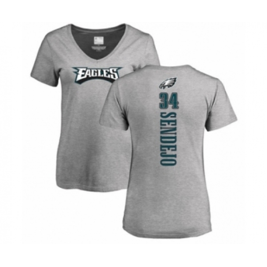Women's Philadelphia Eagles #34 Andrew Sendejo Ash Backer V-Neck T-Shirt