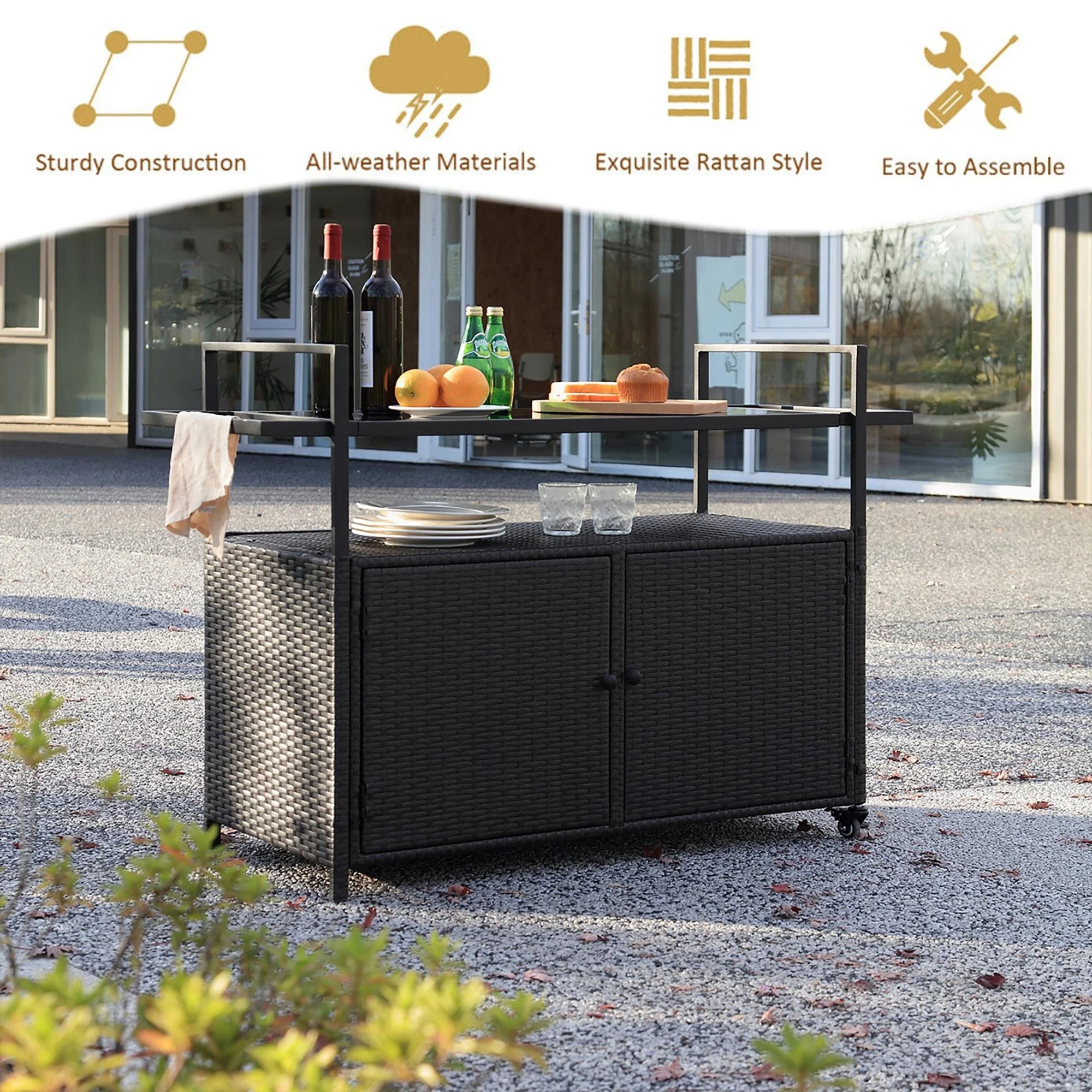 Glavbiku Portable Wicker Outdoor Bar Cart with Wheels,Patio Rattan Rolling Serving Cart,Black,35.4“H - Curated Treasures Market