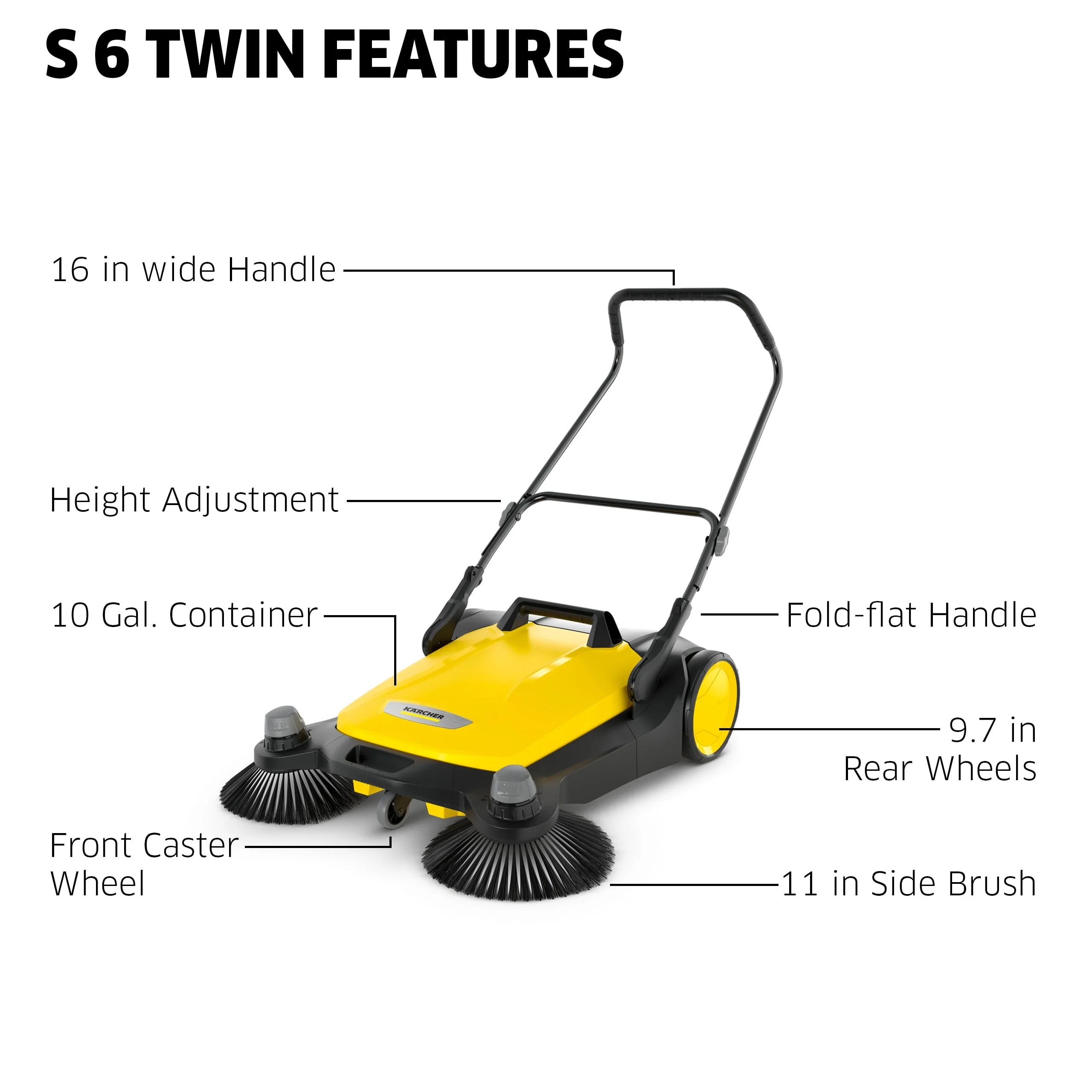 Karcher S 4 Twin Push Sweeper, 5.25 Gallon, Outdoor Cleaner of Sidewalks, Streets, Driveways