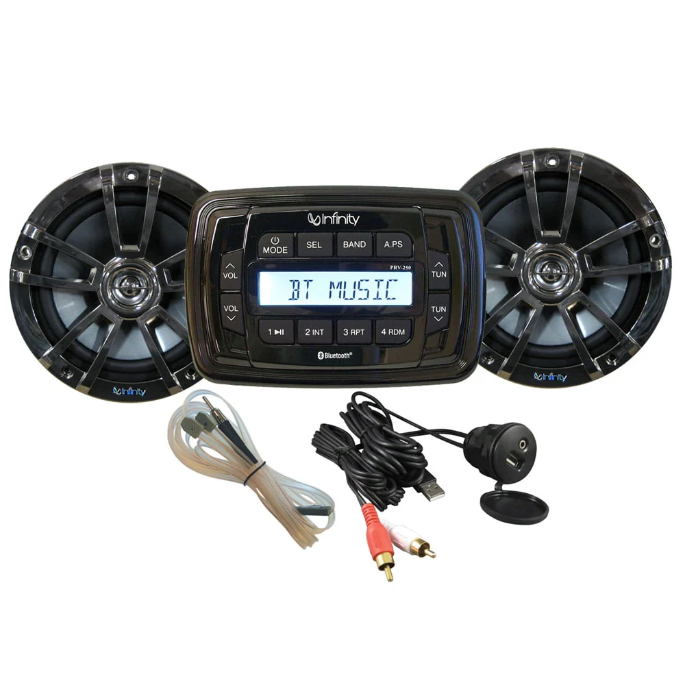 Infinity INFMPK250 AM/FM/USB Bluetooth Multimedia Receiver & 225 Watt 6.5 2-Way Marine Waterproof Speakers Stereo Package