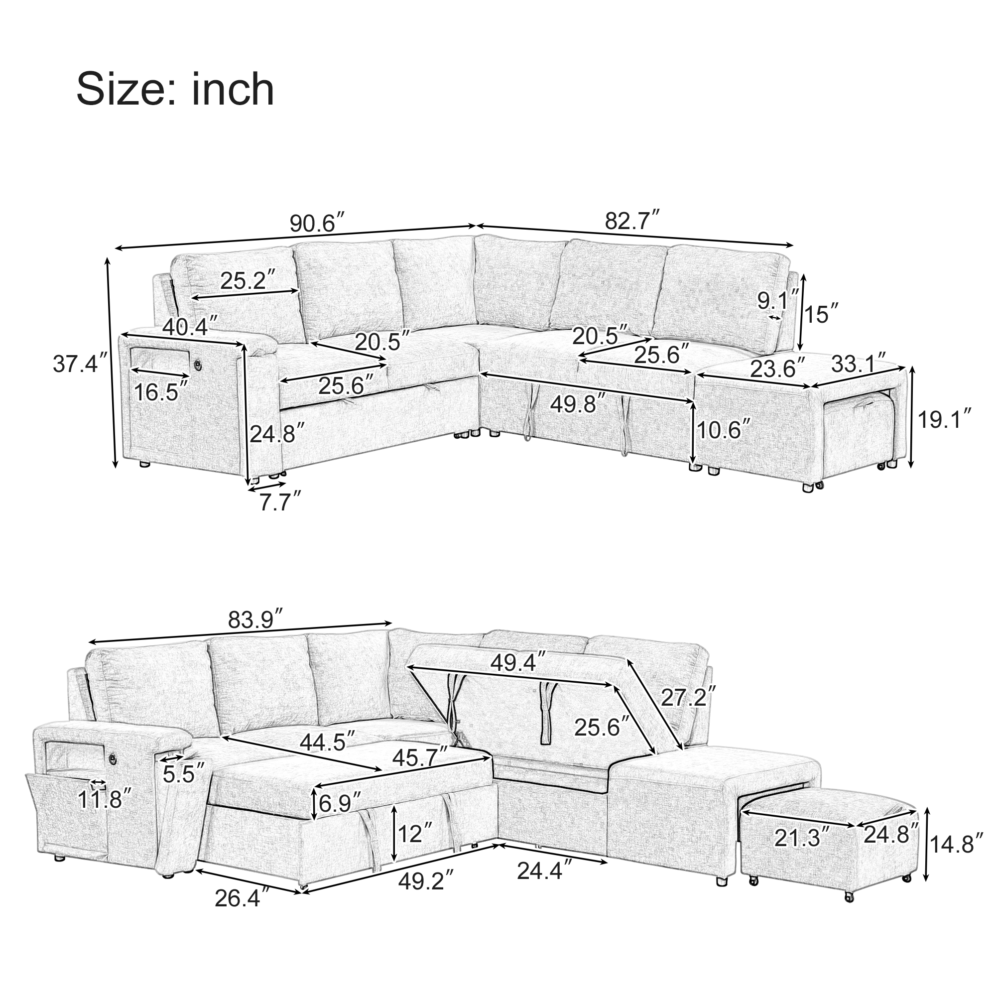 Modular Sectional Sleeper Sofa with Pull Out Bed,Chaise and Storage Ottoman,6 Seater L Shaped Sectional Couch with Storage Space,USB Ports and Cup Holders on the Armrests for Living Room,Grey Couch - Curated Treasures Market
