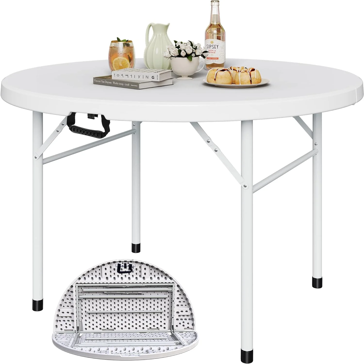 48 Inch Round Folding Table for Outdoor/Indoor, Heavy Duty Folding Plastic Table w/Thick Table Top and Sturdy Metal Frame, Ideal for Party Picnic Camping BBQ Events, White - Curated Treasures Market