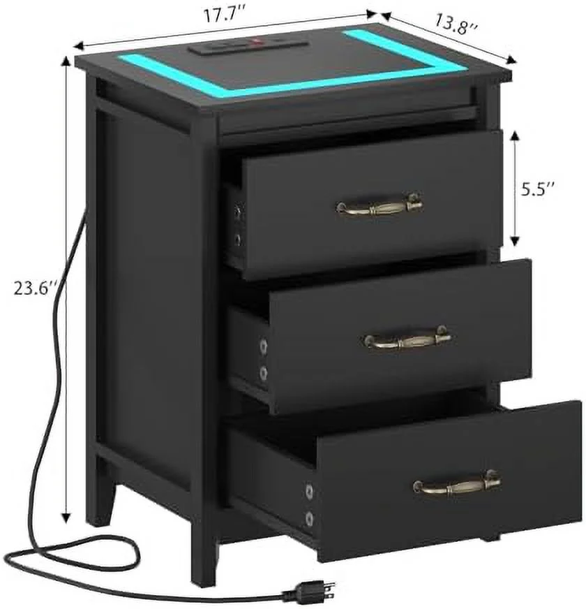 GEROBOOM Nightstand with Charging Station & LED Lights  Bedside Table Night Stand for Bedroom  LED Nightstand with Drawers  End Table with USB Ports & 2 AC Outlets  Black - Curated Treasures Market