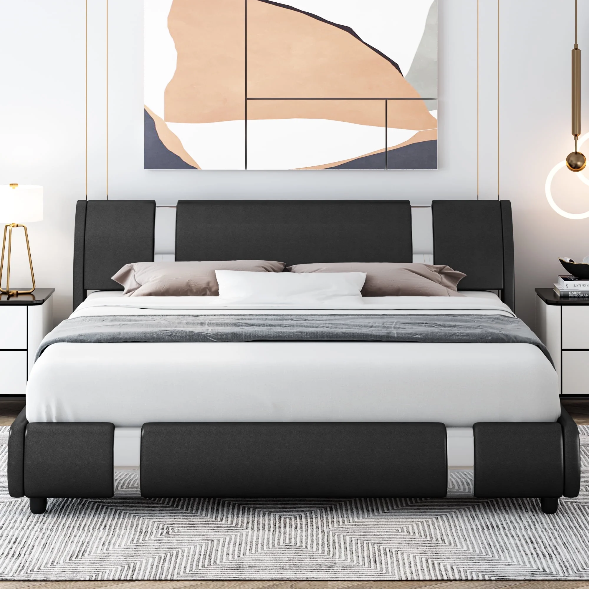 Homfa Full Size Bed Frame, Modern Leather Upholstered Platform Bed Frame with Adjustable White Headboard, No Box Spring Needed