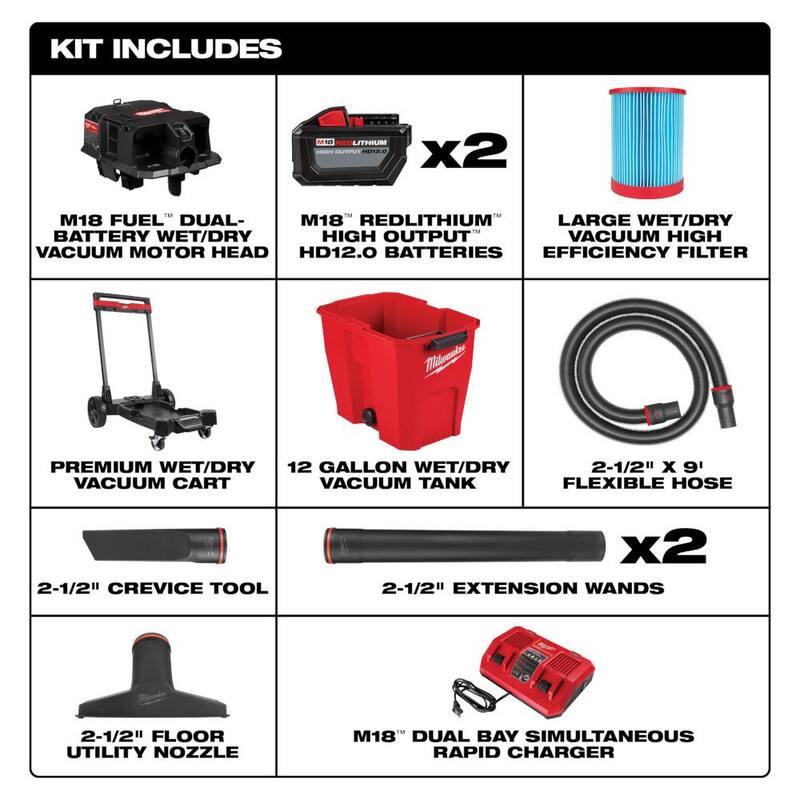 M18 FUEL 12 Gallon Cordless DUAL-BATTERY Wet/Dry Shop Vac Kit W/12.0 Ah Battery, Charger, Filter, Hose, and Accessories