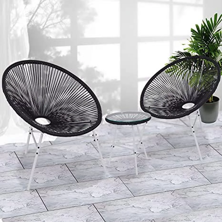 EURO SAKURA 3-Piece Outdoor Patio Bistro Set, Acapulco Chairs,Glass Top Table and 2 Chairs Black - Curated Treasures Market