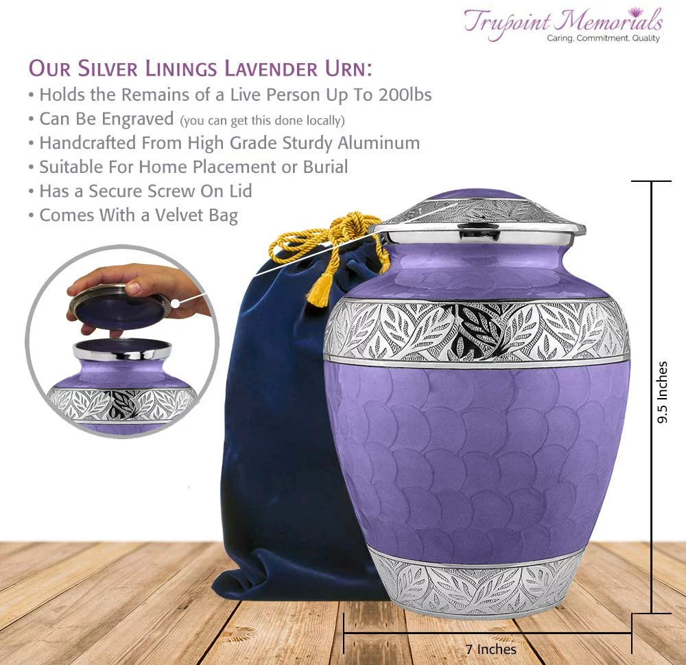 Trupoint Memorials Silver Linings Lavender Large Adult Urns For Cremation Ashes In Home, For up to 200 lb Person with Velvet Bag - Curated Treasures Market