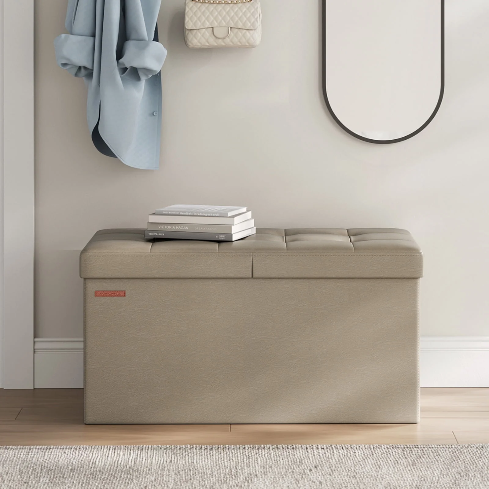 SONGMICS 43 Folding Storage Ottoman Bench Ottoman with Storage Leather Footrest Footstool Black