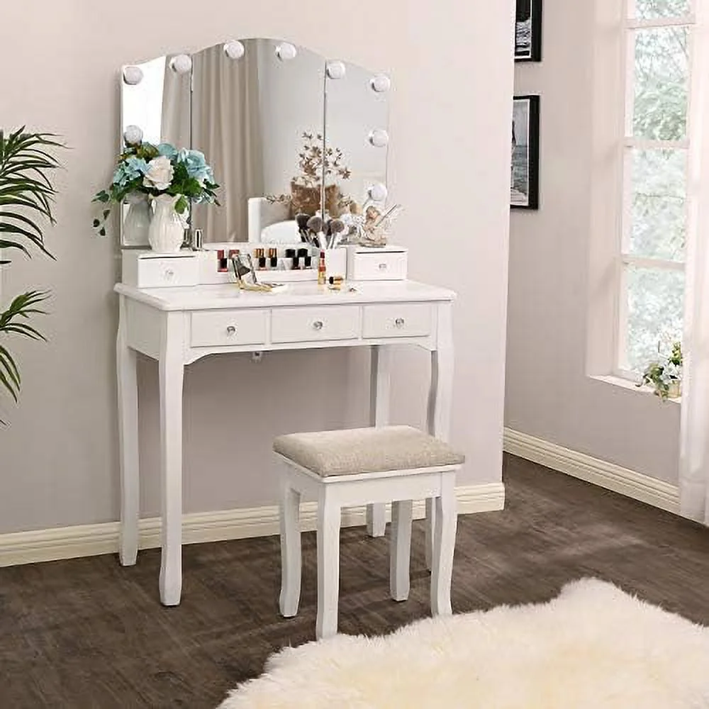 JDZHAPPYLIFE Vanity Set with Lighted Mirror   Vanity with Tri-Folding Mirror 10 LED Bulbs  White Vanity Desk Vanity Table with 5 Drawers 2 DIY Dividers  Cushioned Stool  Movable Organizer - Curated Treasures Market