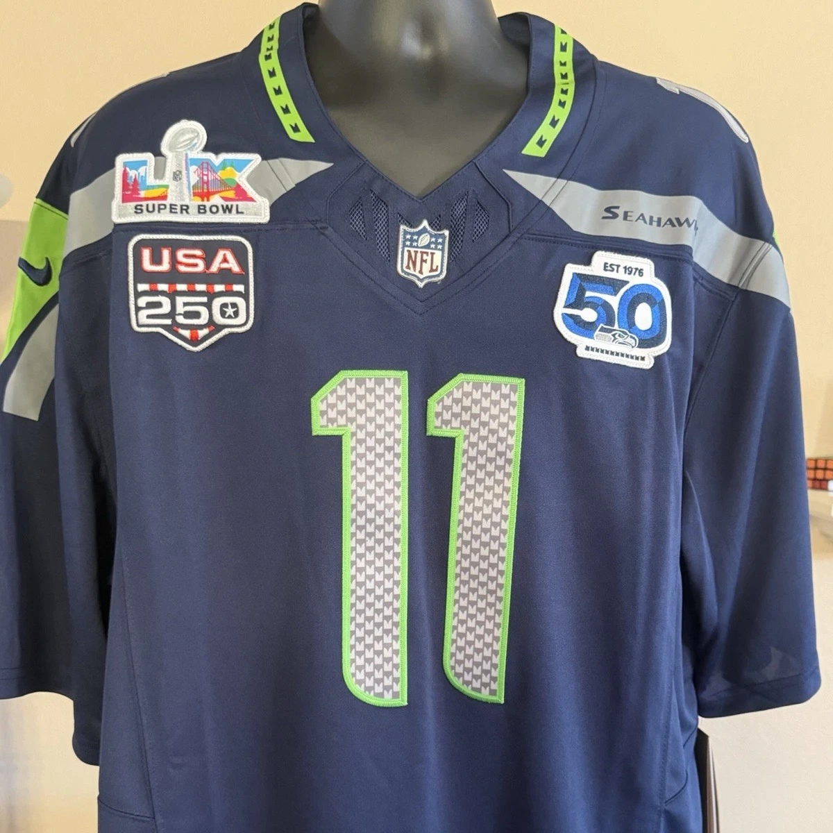 Men's Seattle Seahawks Jaxon Smith-Njigba Nike College Navy Super Bowl LX Patch Vapor F.U.S.E. Stitched Limited Jersey