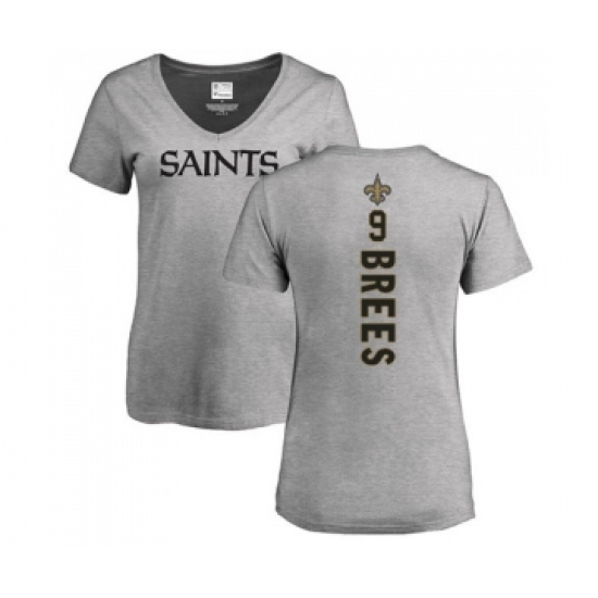 Football Women's New Orleans Saints #9 Drew Brees Ash Backer V-Neck T-Shirt