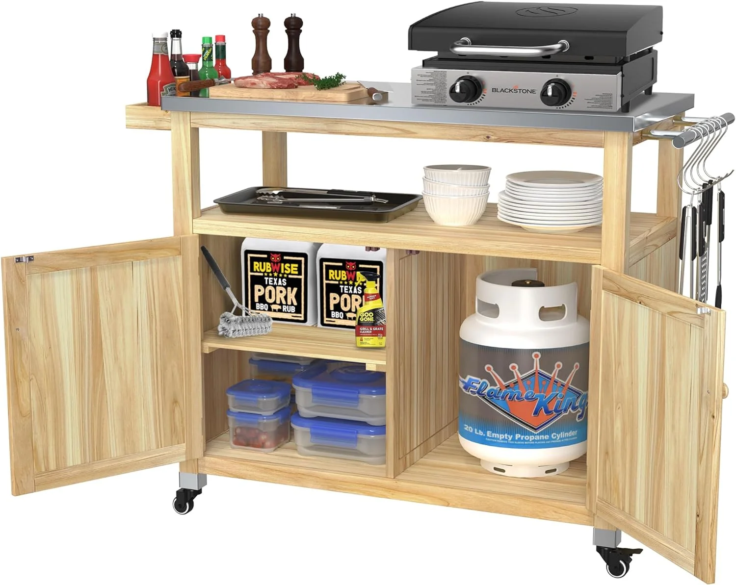 Outdoor Storage Cabinet Solid Wood Prep Grill Table with Stainless Steel Top Waterproof Cover Dark Brown - Curated Treasures Market