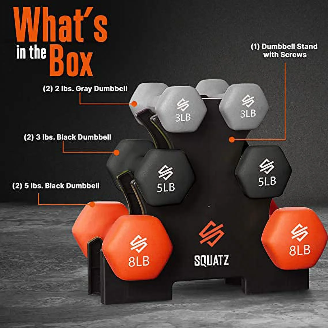 Squatz Dumbbell Weights Set with Stand, 32lbs Neoprene Coated Weights in Color Gray, Black & Orange